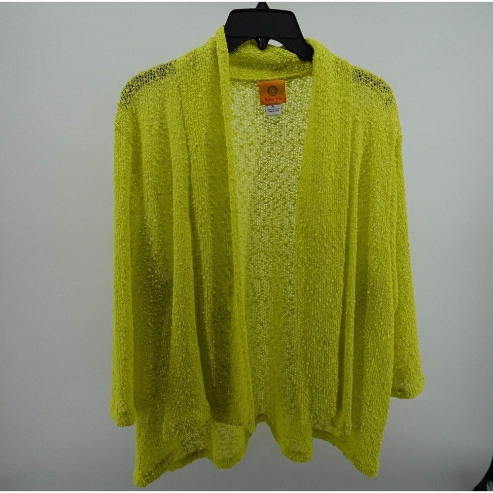 Ruby Rd Womens XL Lime Green Sequin Textured Open Front Cardigan Sweater Slub